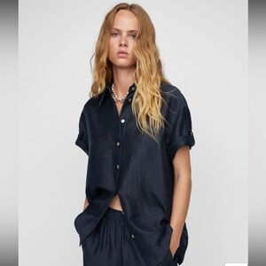 MNG Shirt - navy satin button front short sleeve